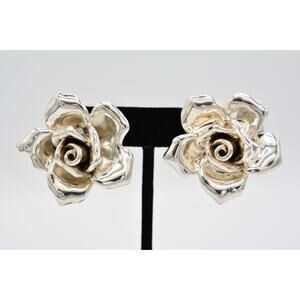 Bat Ami Vintage Clip On Earrings 925 Sterling Silver Rose Flower Signed BinAQ